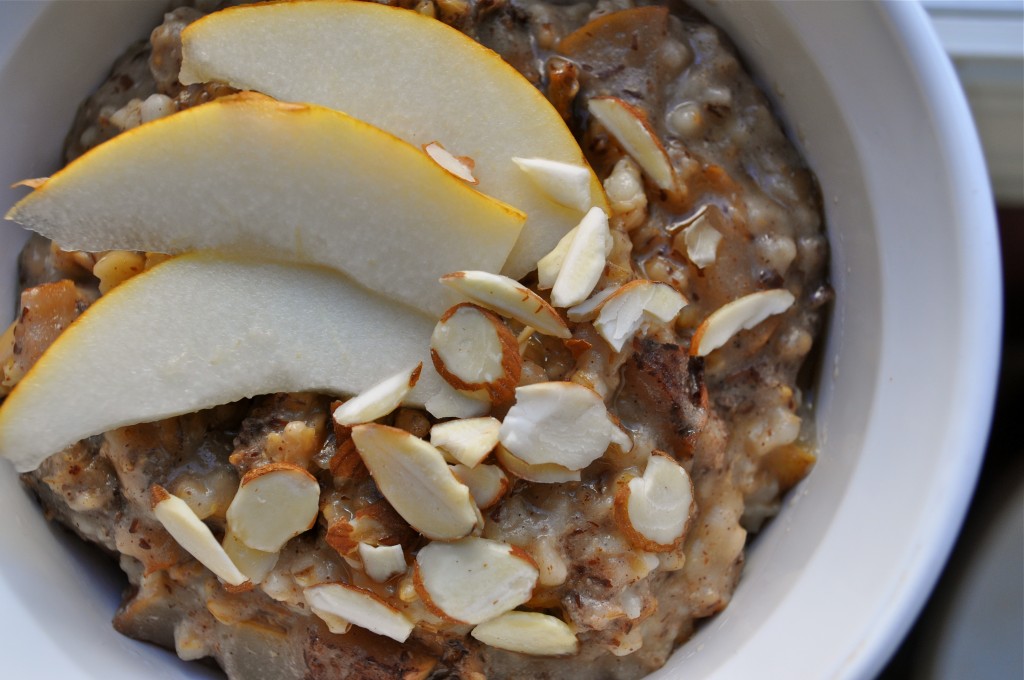 Pear and Almond Crockpot Steel Cut Oats | Once Upon a Recipe