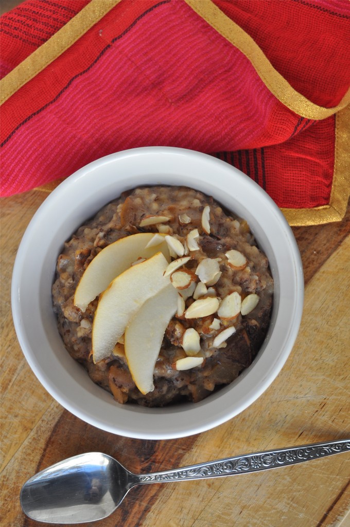 Pear and Almond Crockpot Steel Cut Oats | Once Upon a Recipe