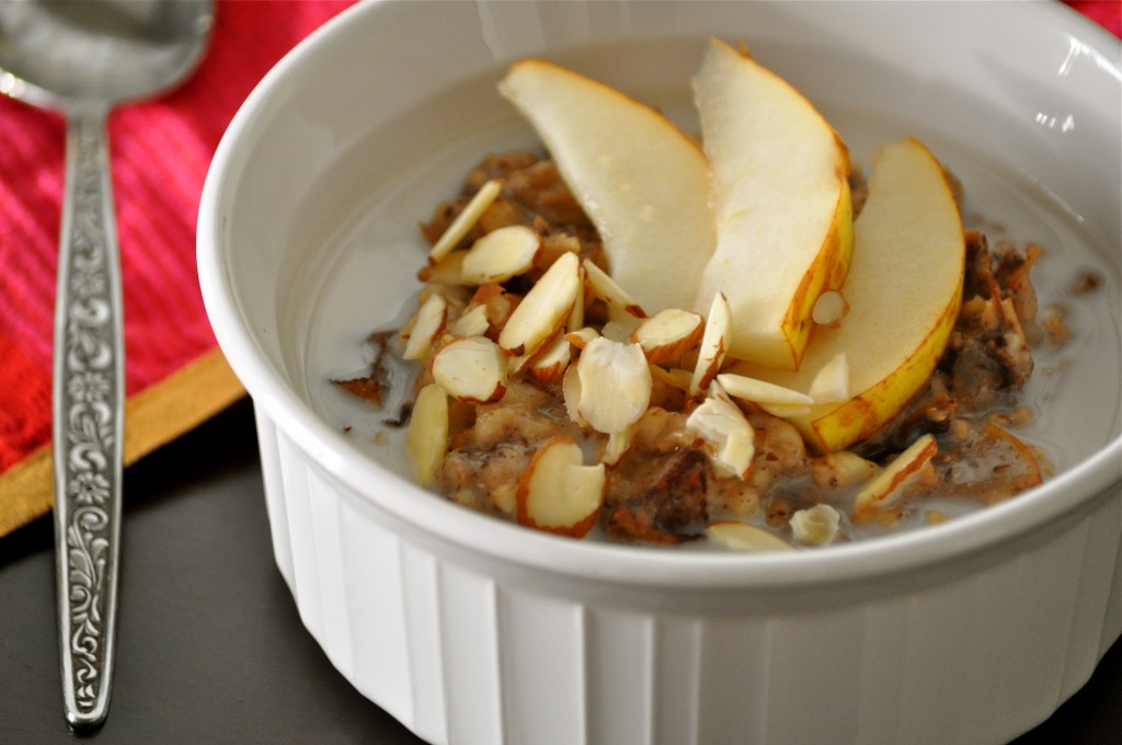 Pear and Almond Crockpot Steel Cut Oats | Once Upon a Recipe