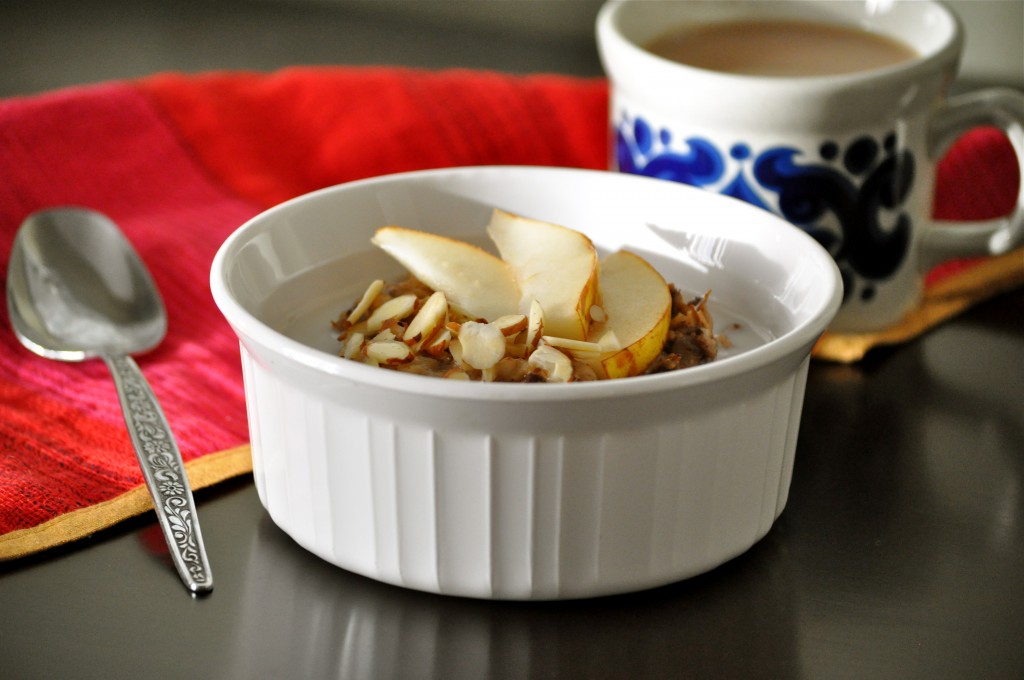 Pear and Almond Crockpot Steel Cut Oats | Once Upon a Recipe