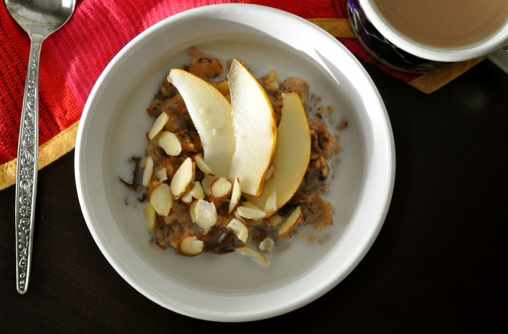 Pear and Almond Crockpot Steel Cut Oats | Once Upon a Recipe