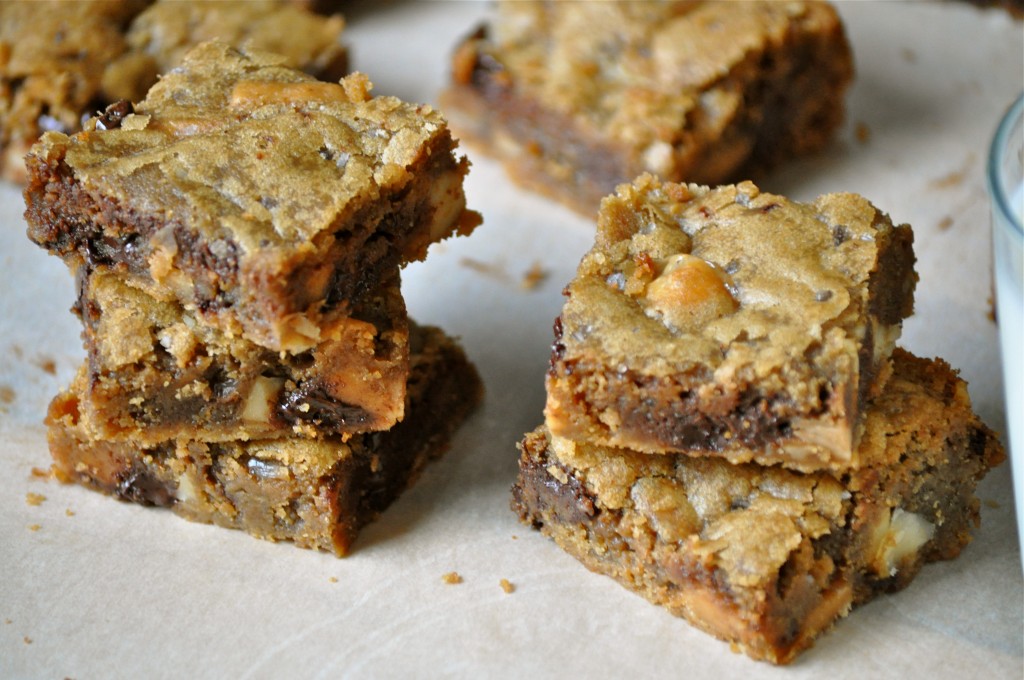 Brown Butter Blondies with Macadamia Nuts, Caramel, and Dark Chocolate | Once Upon a Recipe