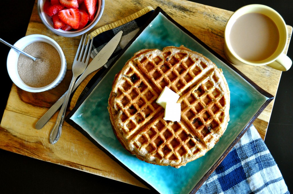 Whole Wheat & Oat Cinnamon Rhubarb Waffles | Once Upon a Recipe