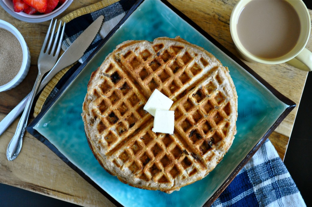 Whole Wheat & Oat Cinnamon Rhubarb Waffles | Once Upon a Recipe