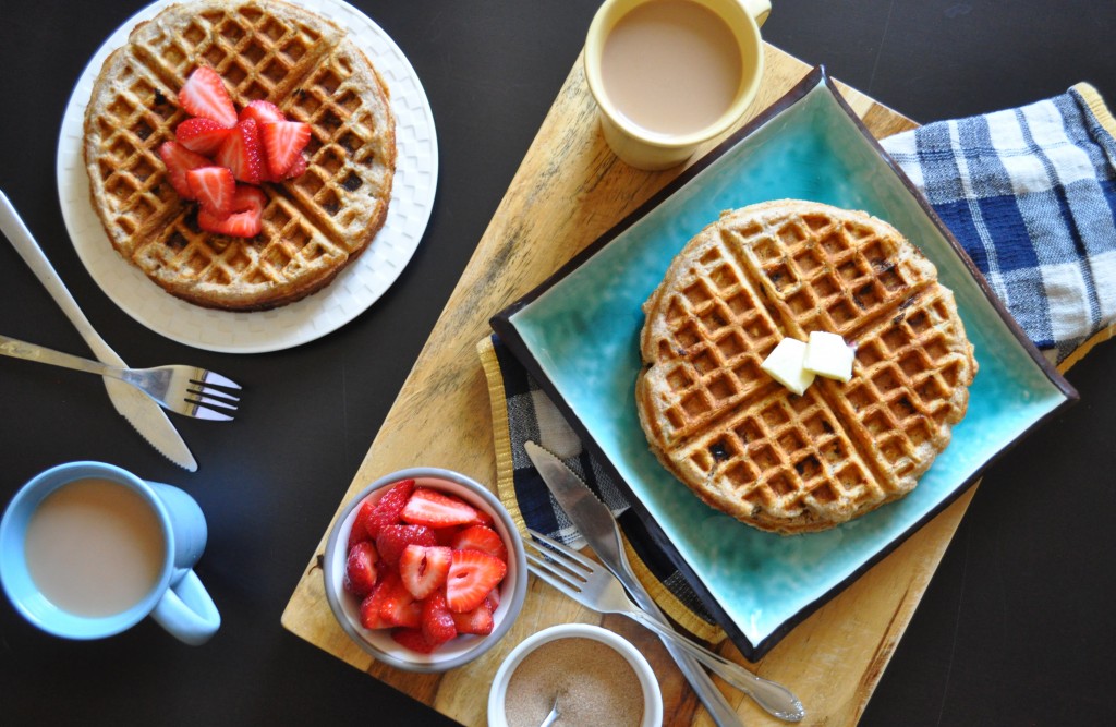 Whole Wheat & Oat Cinnamon Rhubarb Waffles | Once Upon a Recipe