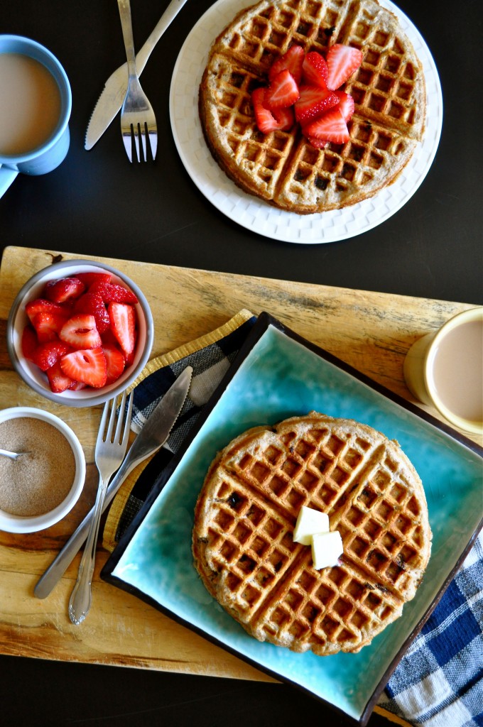 Whole Wheat & Oat Cinnamon Rhubarb Waffles | Once Upon a Recipe