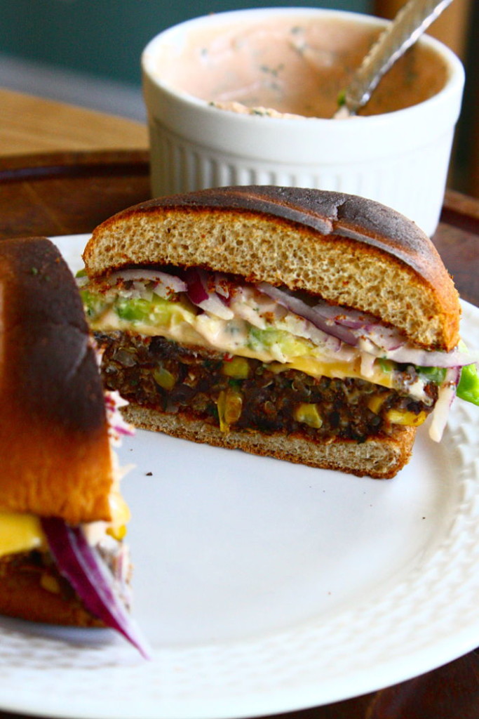 Black Bean, Quinoa & Sweet Potato Veggie Burgers from Feast on the Cheap