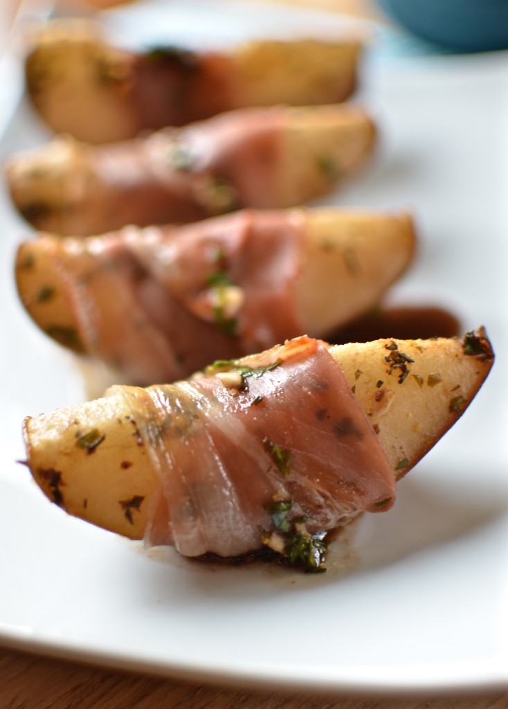 Per La Famiglia: Balsamic Roasted Pear Wedges with Prosciutto + A Giveaway! | Once Upon a Recipe